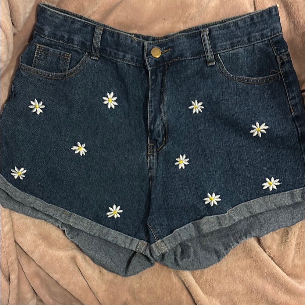 SHEIN Blue Jean Shorts with Floral Embroidery